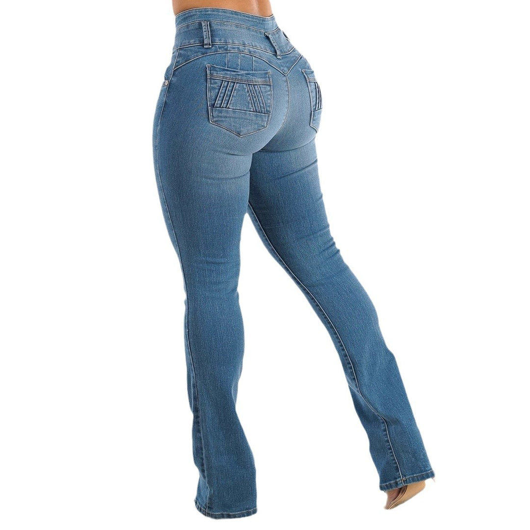 Women High-Waisted Skinny Jeans with Decorative Button Details and Elastic Waistband