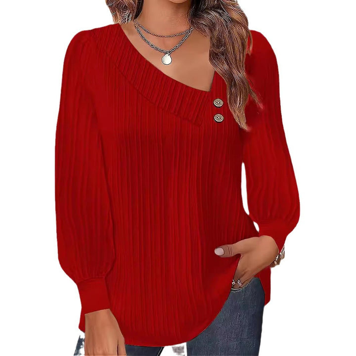 Women's Pleated Blouse with Asymmetrical Neckline and Button Details Lune London
