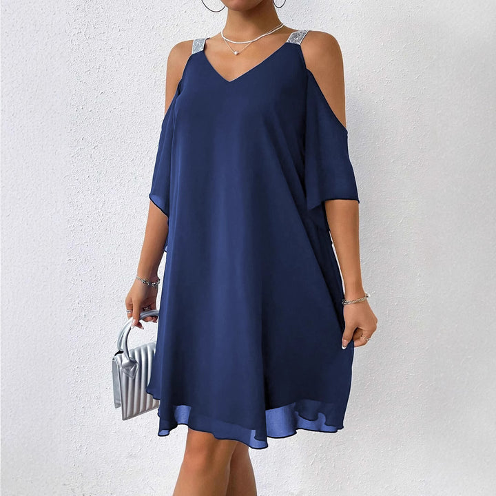 Asymmetrical V-neck dress with off-the-shoulder Lune London