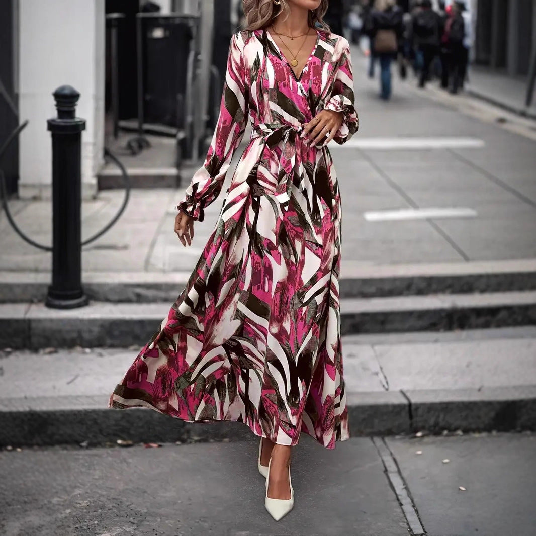 Ladies Elegant Maxi Dress with Floral Print and Chic Belt and Style