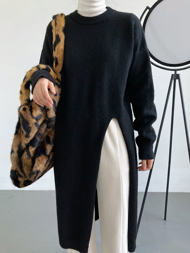 Women Long Knit Sweater with Loose Fit and Side Slits Chic & Stil