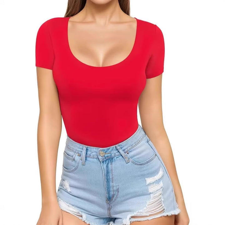 Women's fitted short-sleeve bodysuit with round neckline and seamless design Lune London