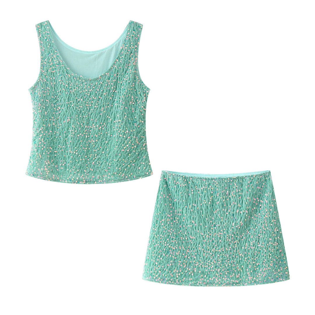 Women's set with sparkling spaghetti strap top and flared skirt with elastic waistband Lune London