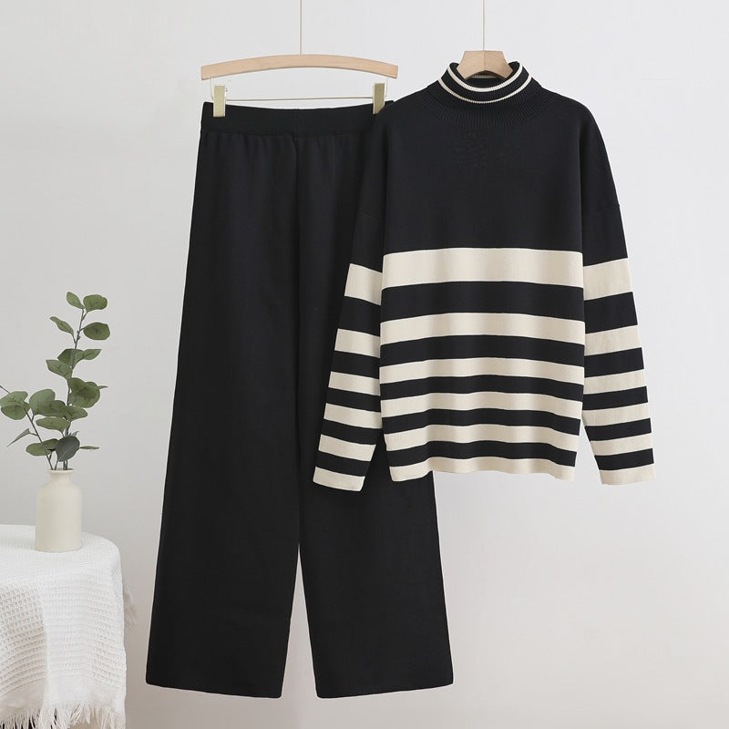 Comfortable knit loungewear set for women with high collar and wide stripes Lune London