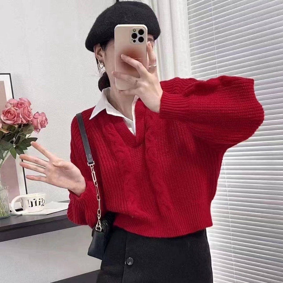 Sweater tricot élégant pour femmes avec décolleté en V profond et motif en câble Chic & Stil