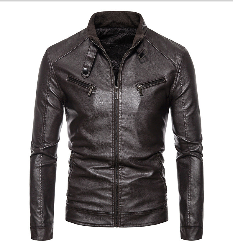 Men's leather jacket with modern high collar and innovative zippered pockets Lune London