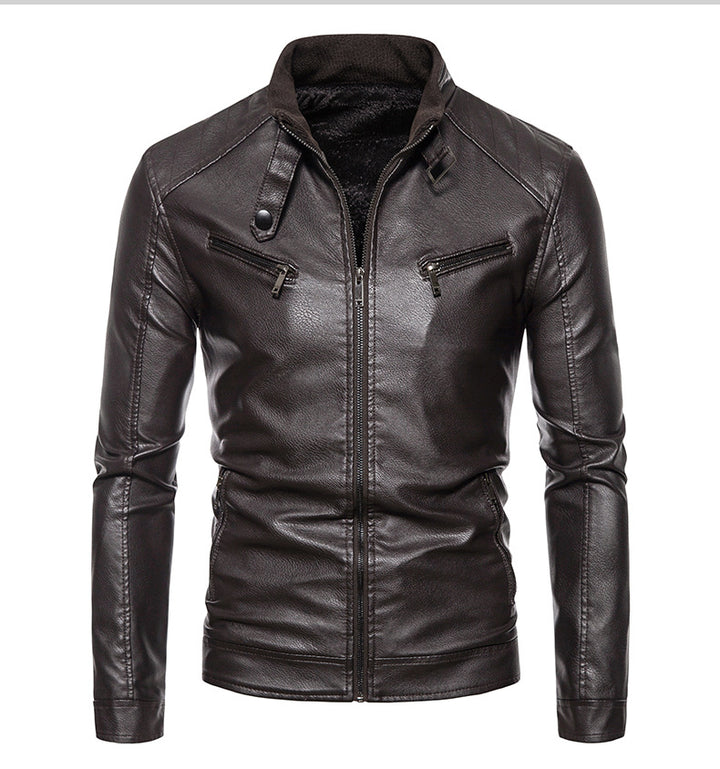 Men's leather jacket with modern high collar and innovative zippered pockets Lune London