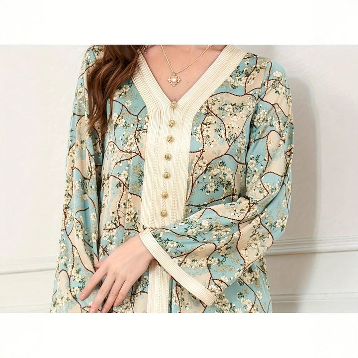 Maxi dress for women with artistic floral pattern and button details Lune London