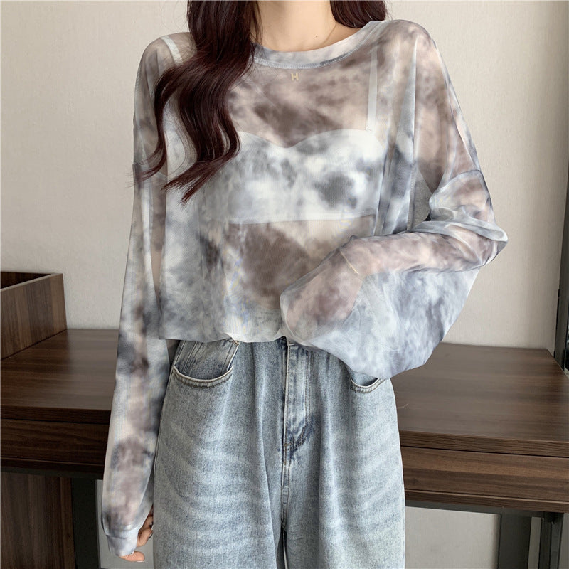Women's transparent long sleeve top with modern tie-dye pattern Chic & Stil