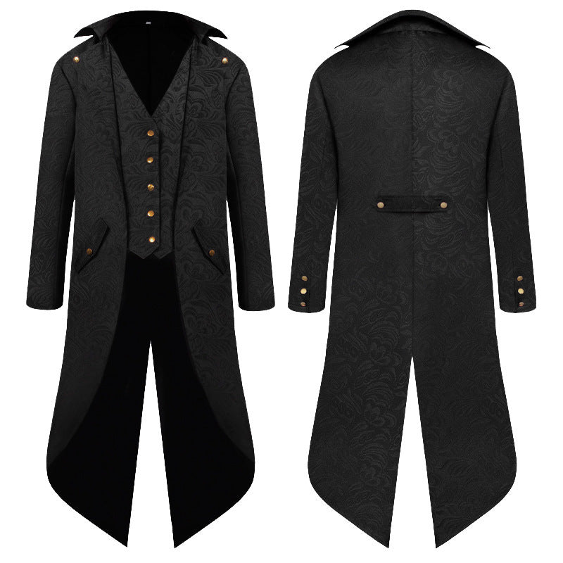 Victorian high collar coat for women with a detailed pattern and faux leather accents Lune London