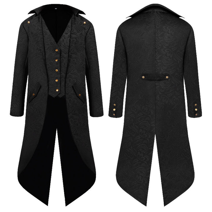 Victorian high collar coat for women with a detailed pattern and faux leather accents Lune London