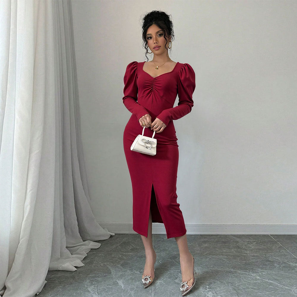 Robe midi femme avec manches bouffantes et fente sophistiquée Chic & Stil