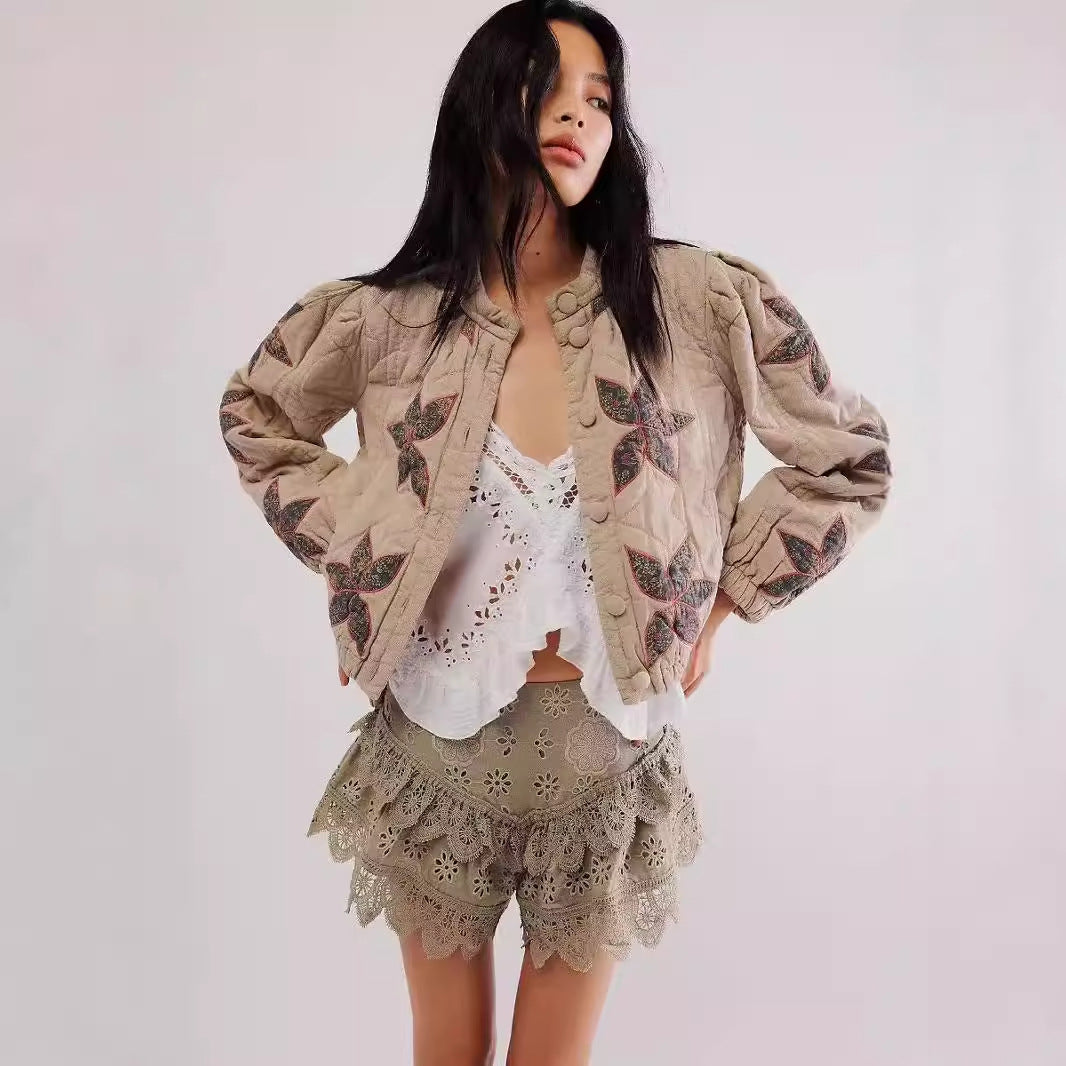 Ladies quilted bomber jacket with floral design Lune London