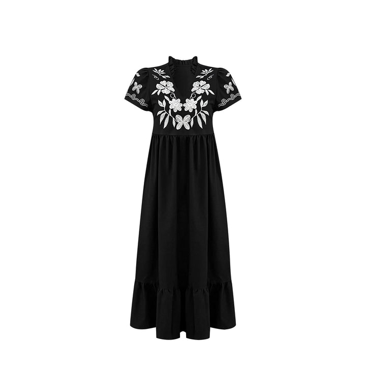 Maxi dress for women with embroidered floral design and voluminous skirt Lune London