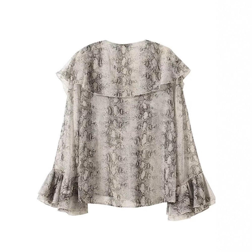 Ladies elegant chiffon blouse with ruffles and snake pattern Lune London