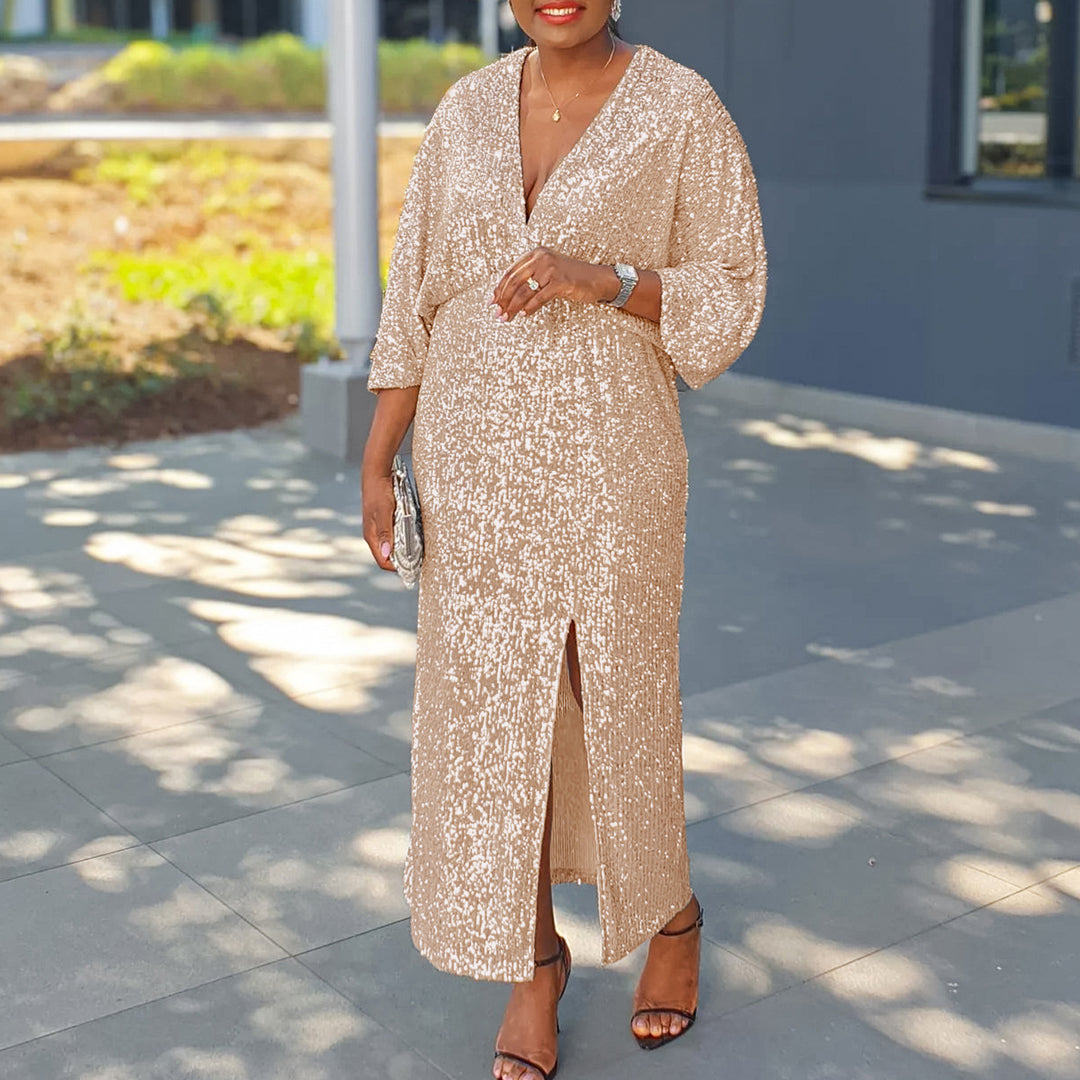 Sparkling evening dress for women with deep slit and luxurious puff sleeves Lune London