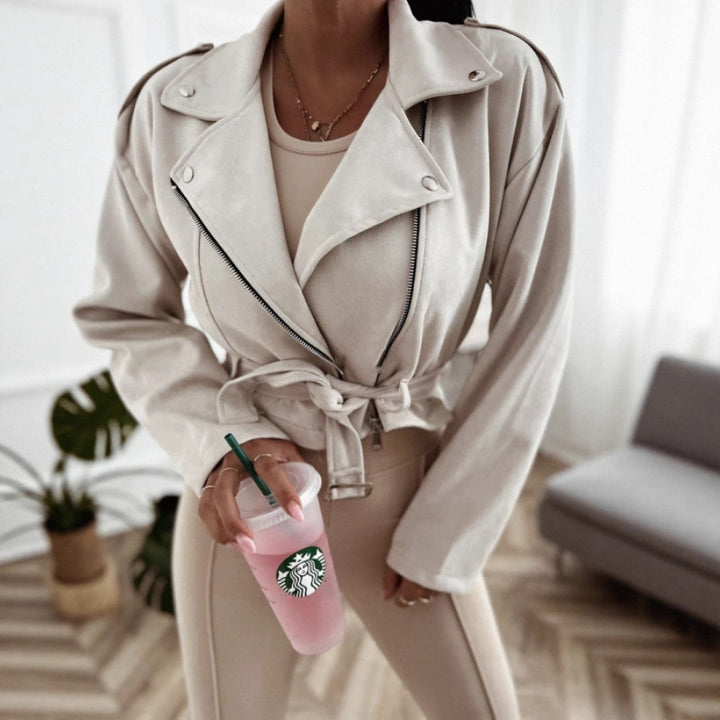 Women's biker jacket in high-quality faux suede with a fitted cut and side zippers Lune London