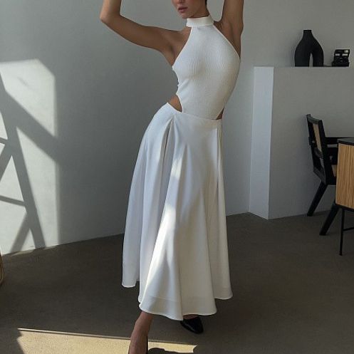 Elegant satin maxi dress for women with flared skirt Lune London