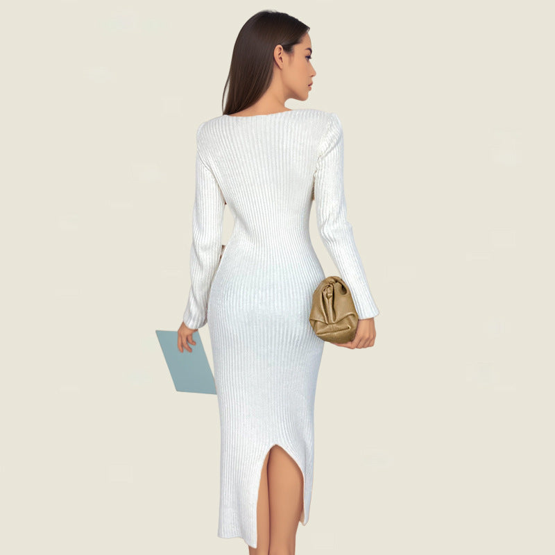 Lune London long sleeve knitted dress for women with asymmetric neckline