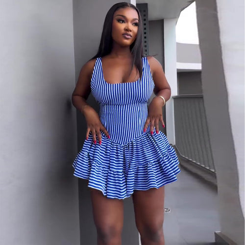 Women's short dress with casual ruffle and striped design
