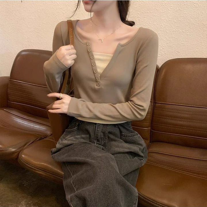 Chemise à manches longues pour femmes avec patte de boutonnage et col rond Chic & Stil