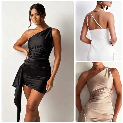 Ladies Asymmetric Mini Dress with Chic Draping Design and Side Overwrap Lune London