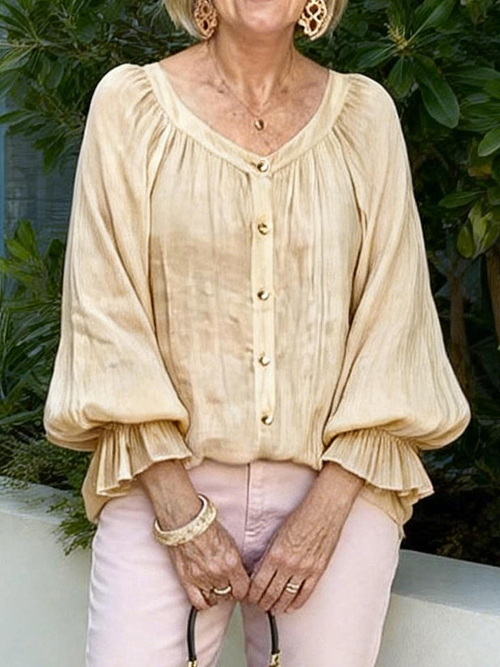 Women Elegant Blouse Shirt with Ruffled Sleeves and Button Placket Lune London