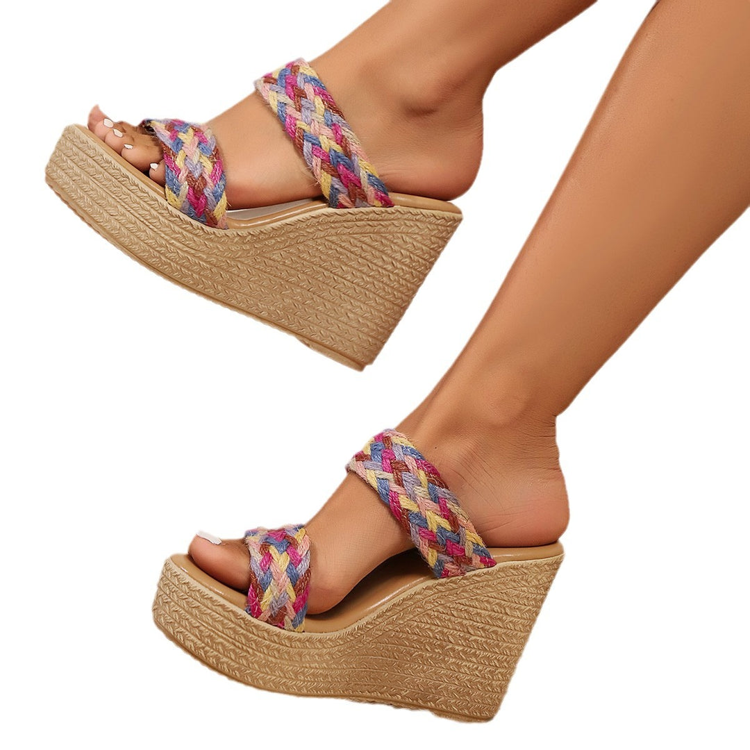 Wedge sandals for women with a braided strap design and a natural jute base Lune London