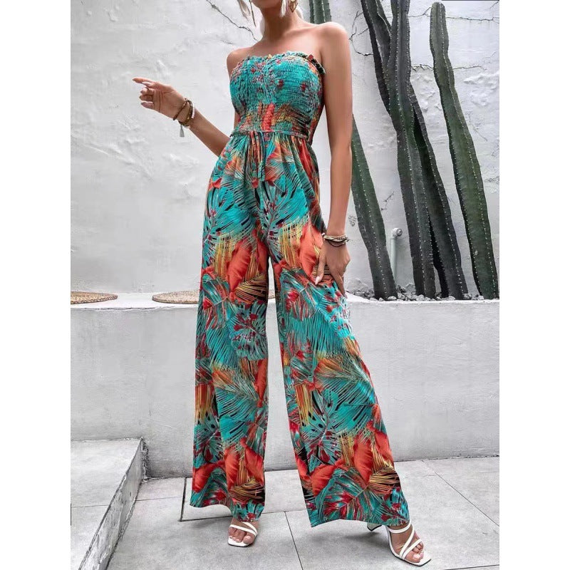 Ladies Tropical Print Wide Leg Jumpsuit Lune London