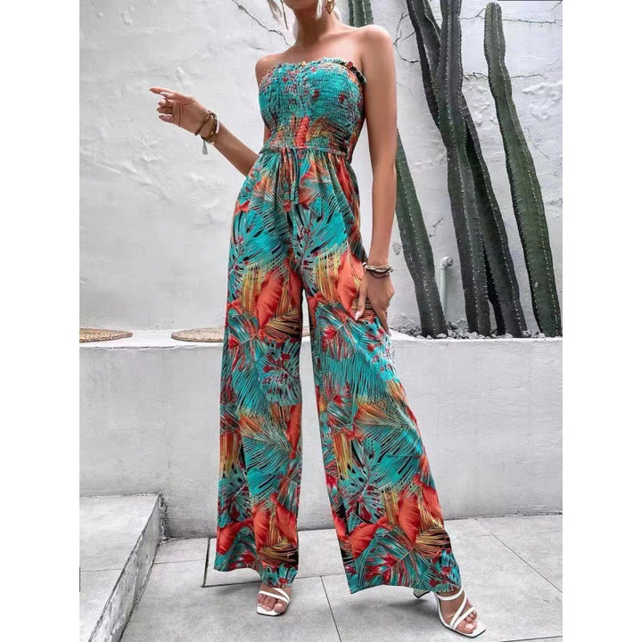Ladies Tropical Print Wide Leg Jumpsuit Lune London