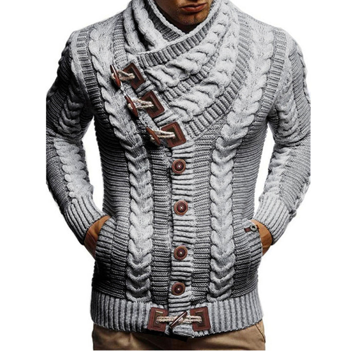 Men's chunky knit jacket with creative shawl collar and button details Lune London
