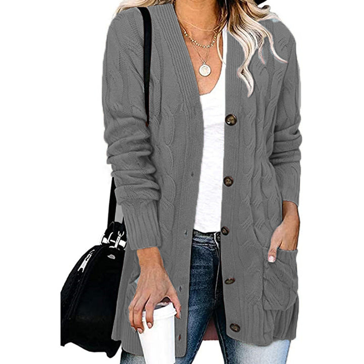 Rough knit cardigan for women with button details and practical pockets Lune London