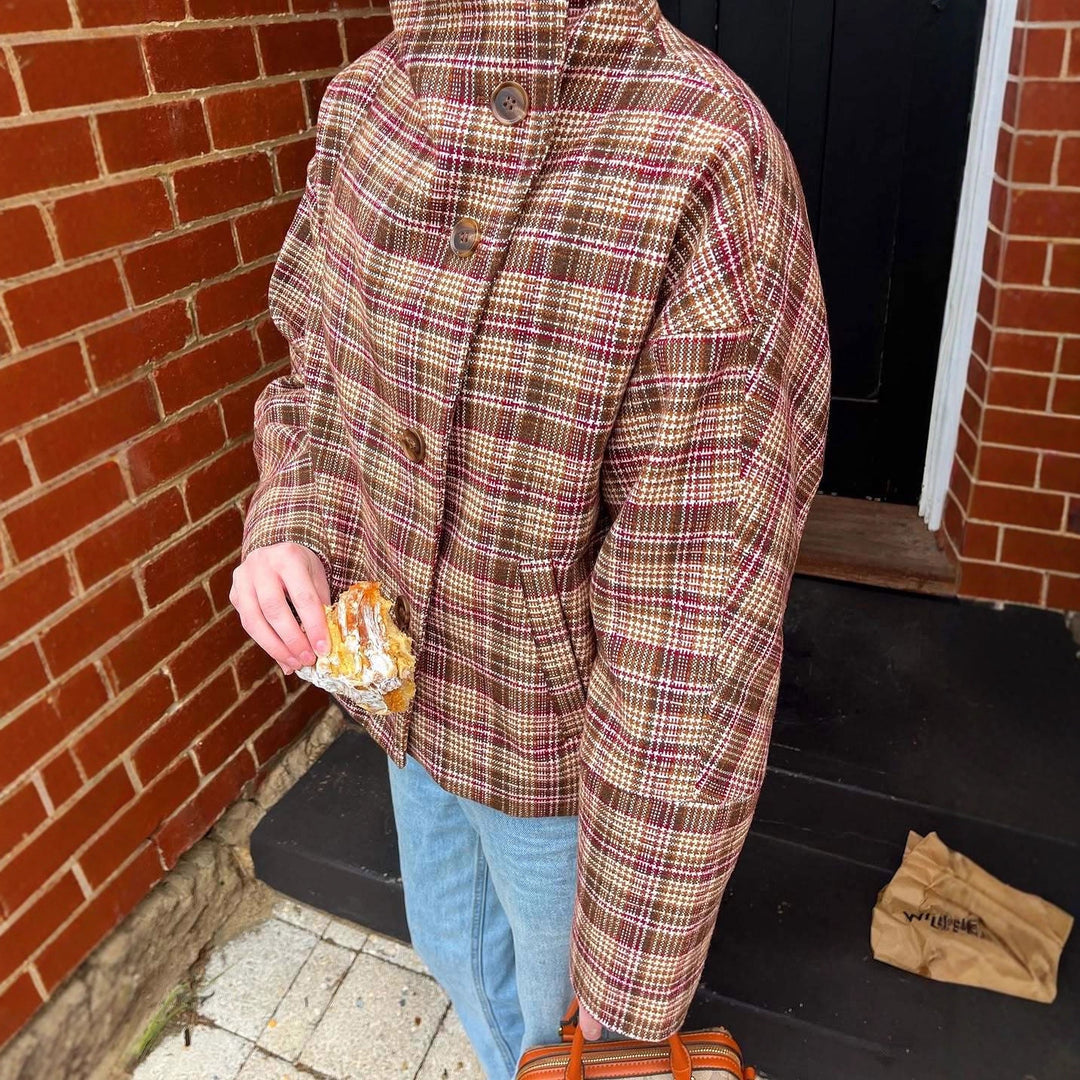 Ladies Oversized Checked Jacket with High Collar and Single Button Placket Lune London