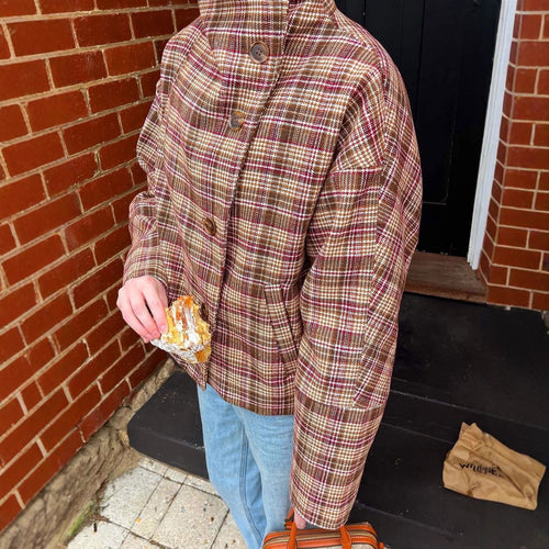 Ladies Oversized Checked Jacket with High Collar and Single Button Placket Lune London