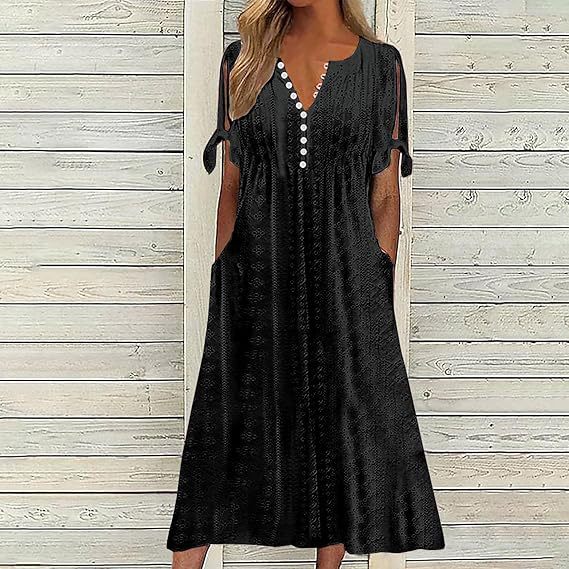 Airy midi dress for women with decorative hole patterns and practical pockets Lune London