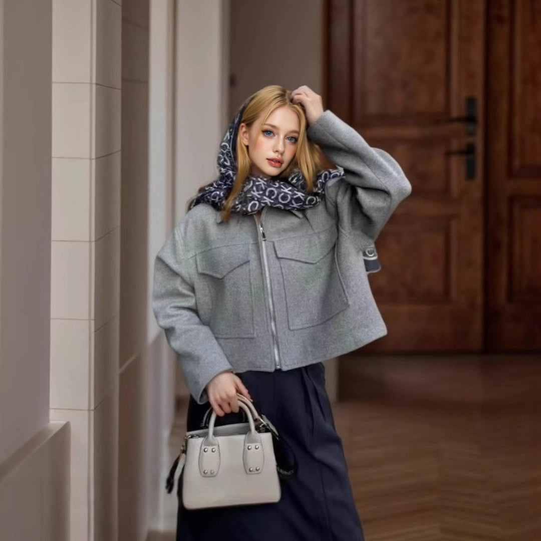 Women's wool blend jacket with large chest pockets Lune London