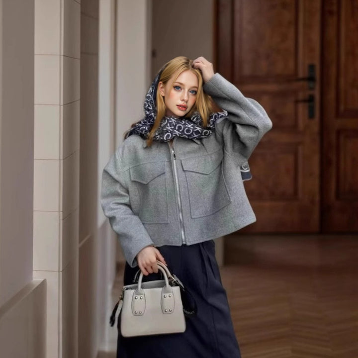Women's wool blend jacket with large chest pockets Lune London