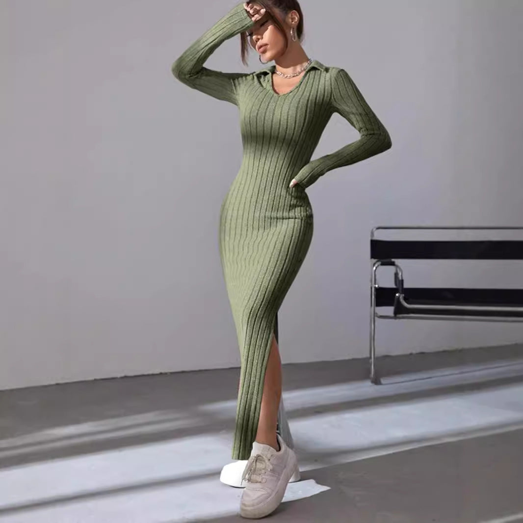 Ribbed long sleeve dress for women with slit and collar Lune London