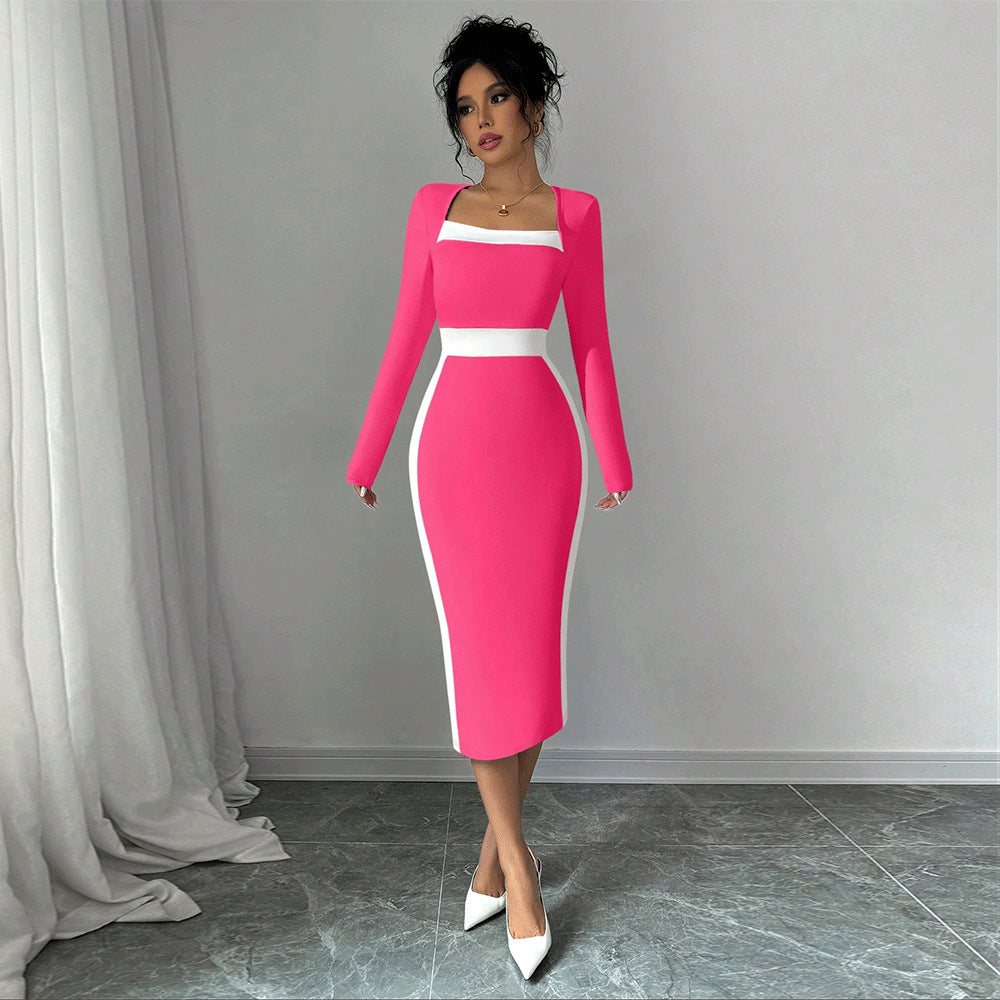 Robe midi ajustée pour femme avec décolleté carré et accents contrastants Chic & Stil