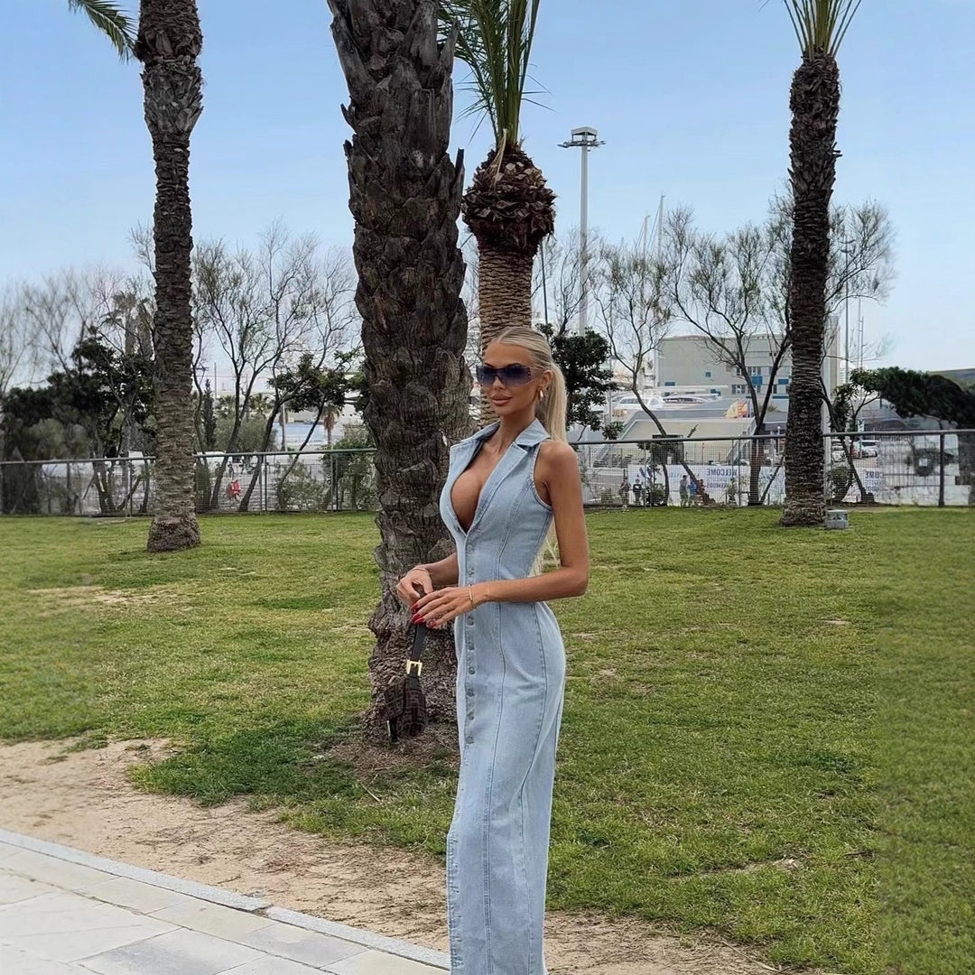 Maxi denim dress for women with button placket and high collar Lune London