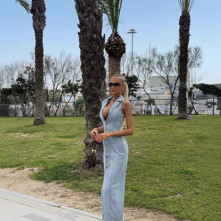 Maxi denim dress for women with button placket and high collar Lune London