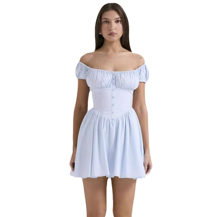 Short summer dress for women with a chic gathered collar and button details Chic & Stil