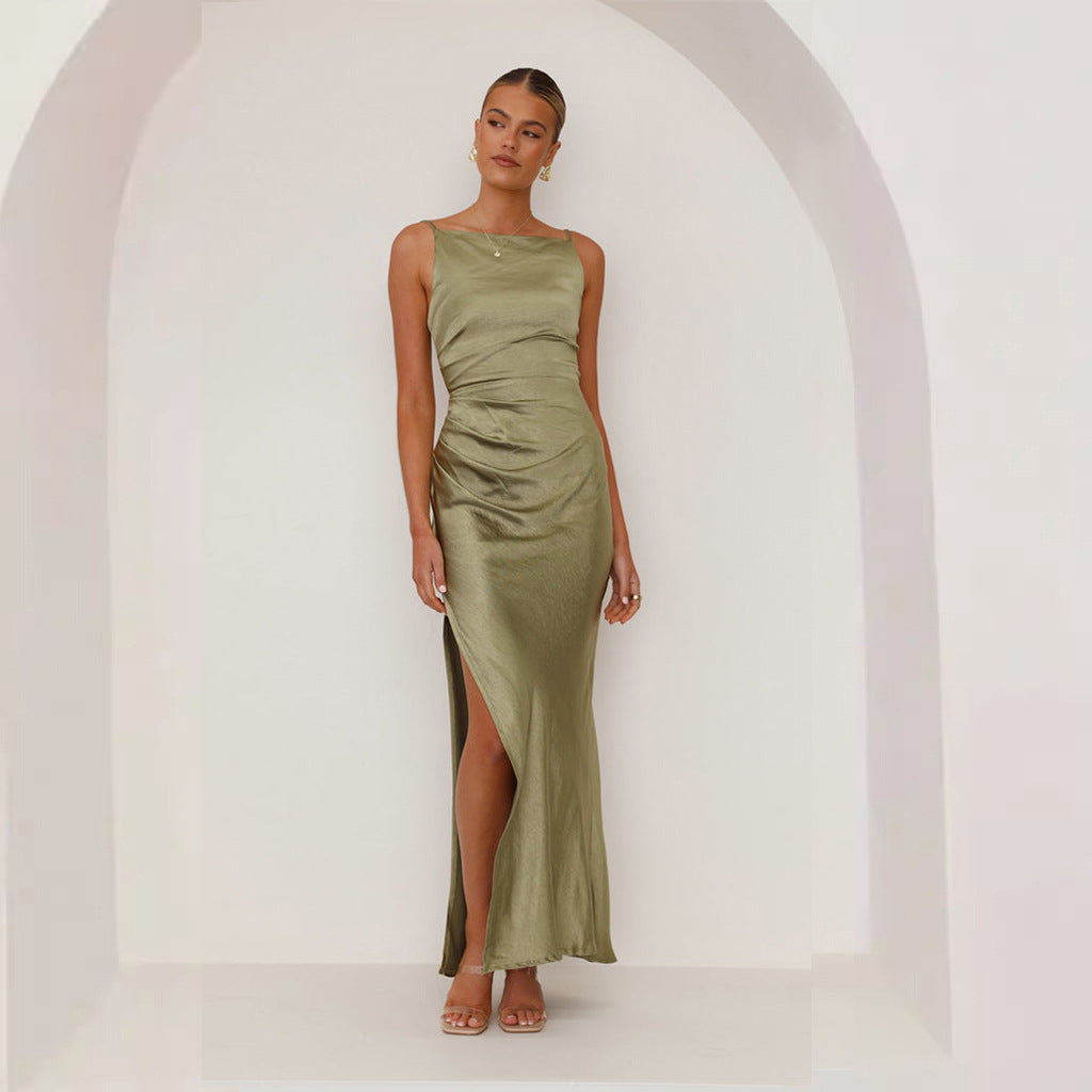 Elegant satin maxi dress for women with stylish gathered neckline and side slit Chic & Stil