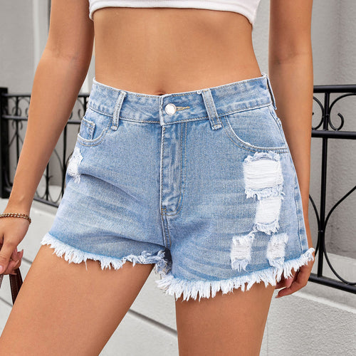 Distressed denim shorts for women with fringes and high waist Lune London