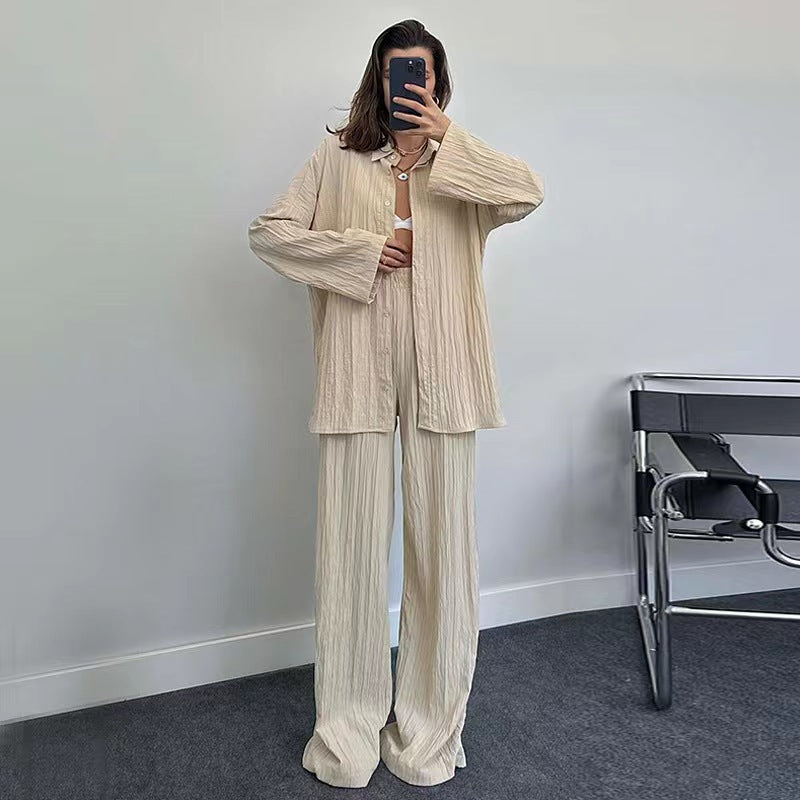 Plus size casual shirt set for women and chic wide leg pants