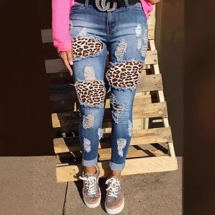 Ladies skinny jeans with leopard patch and vintage effects Lune London