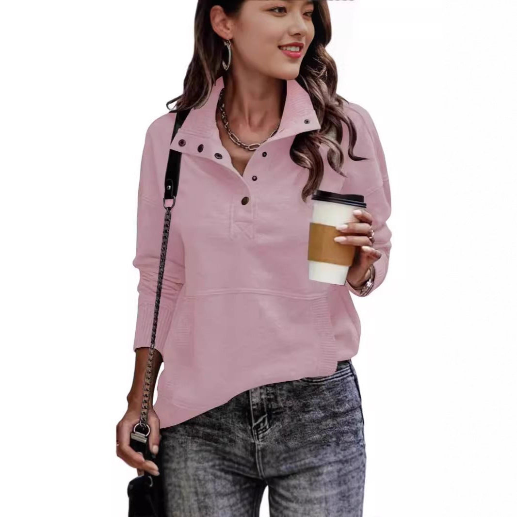 Vintage style women's sporty sweater with high collar and snap buttons Lune London