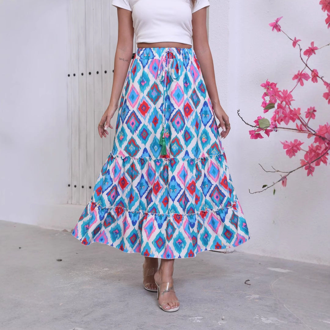 Maxi flared skirt for women with ruffle design and adjustable waist Lune London