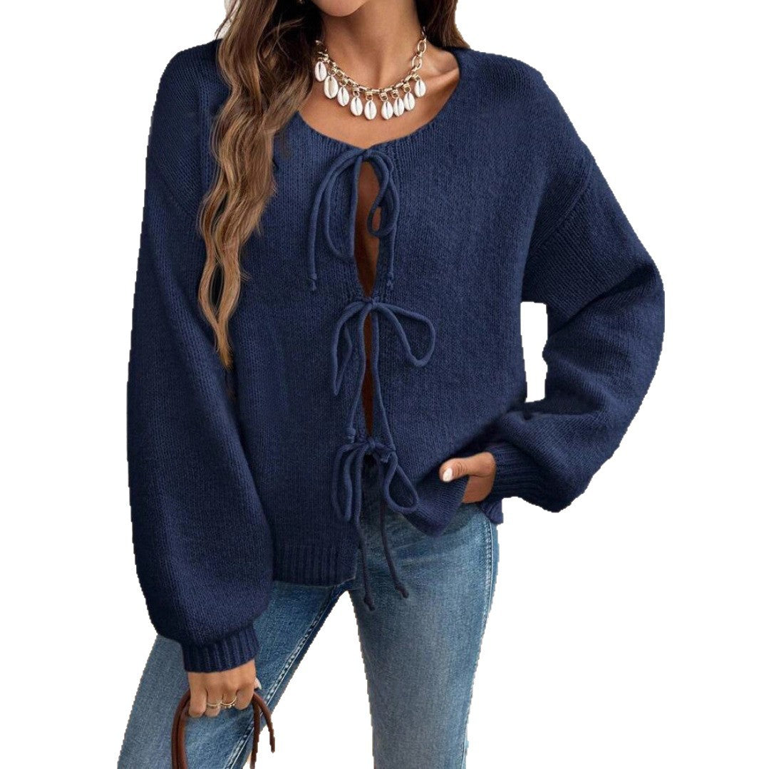 Comfortable knitted sweater for women with decorative lacing detail and wide sleeves Lune London