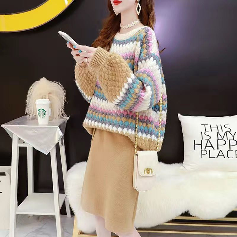 Pull tricoté confortable pour femmes avec un motif de blocs colorés et des manches volumineuses Chic & Stil